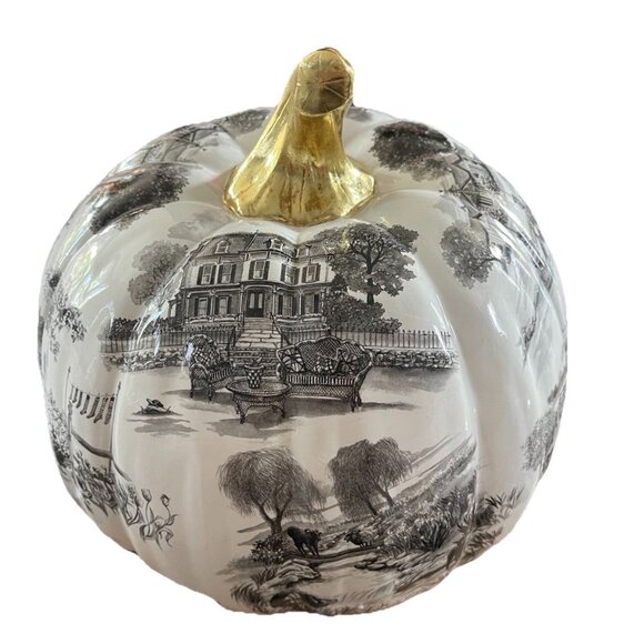 Mackenzie Childs NY Estate Black Toile Pumpkin Gold Stem 11" Rare Autumn Decor - Picture 8 of 11